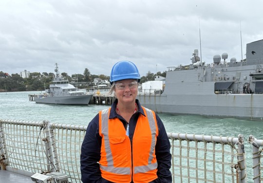 Teacher Tamsin Clark aboard a Royal New Zealand Navy vessel at Devonport Naval Base.