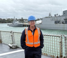 Teacher Tamsin Clark aboard a Royal New Zealand Navy vessel at Devonport Naval Base.